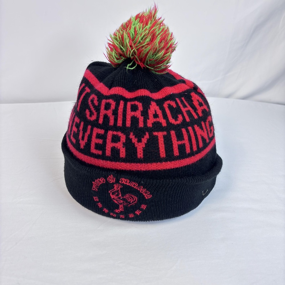Sriracha Hat Beanie Fitted One Size Black Red Pom Knit Tuong Ot Mad Engine